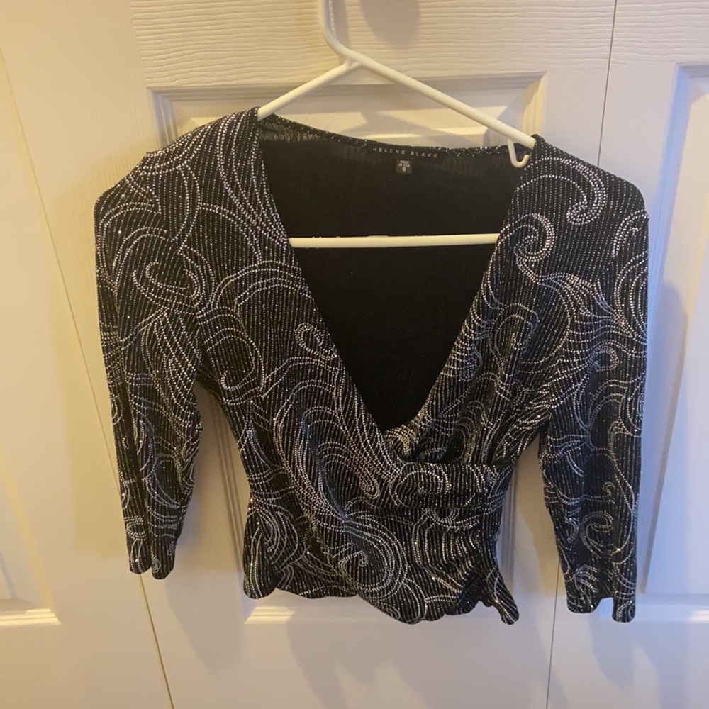 Helene Blake Women’s Rhinestone Black & Silver Long-Sleeve Top w Shoulder Pads S